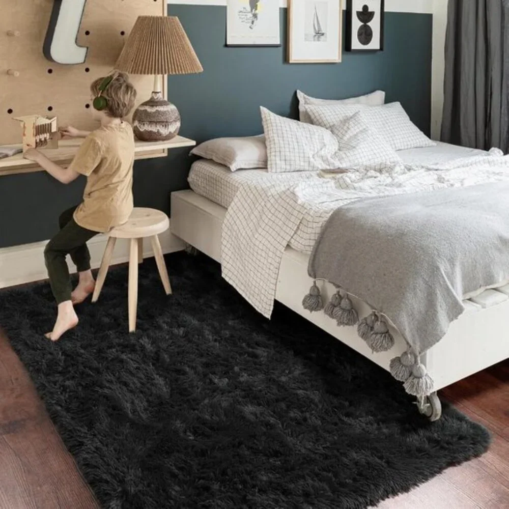 Black Washable Modern Fluffy 4x6ft Shag Area Rug Carpet for Home & Bedroom Decor